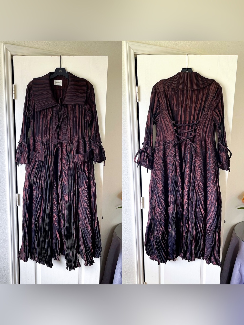 À Propos Plissé Crinkle Open Coat Brown Small EUC